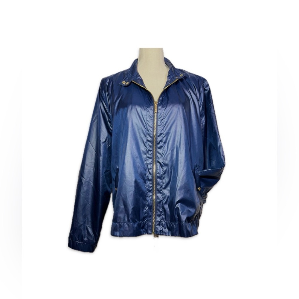 Liz Claiborne Navy Windbreaker Jacket XL Gold Zip Lightweight Classic